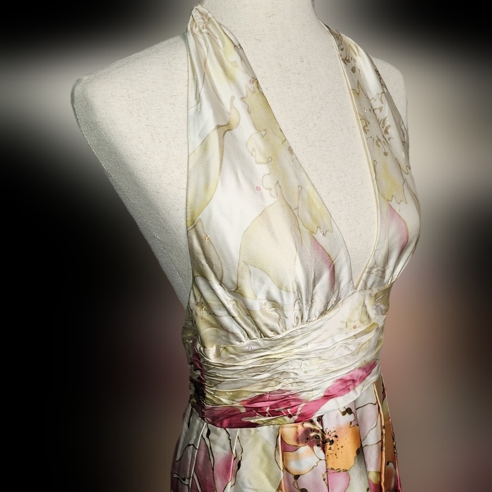 Adrianna Papell Silk Occasions Floral Halter Midi Dress Pink Orange White M - Picture 4 of 12